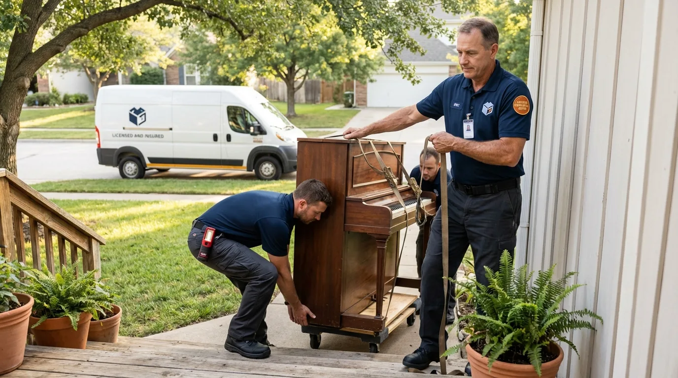 Licensed piano movers securing grand piano in Marysville, MI