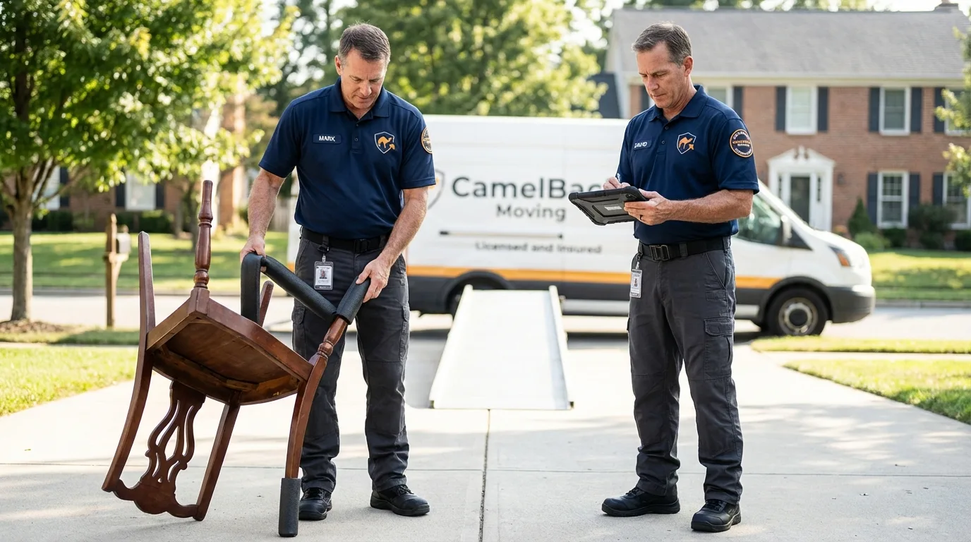 Movers inspecting furniture for damage prevention before loading in Marysville, MI