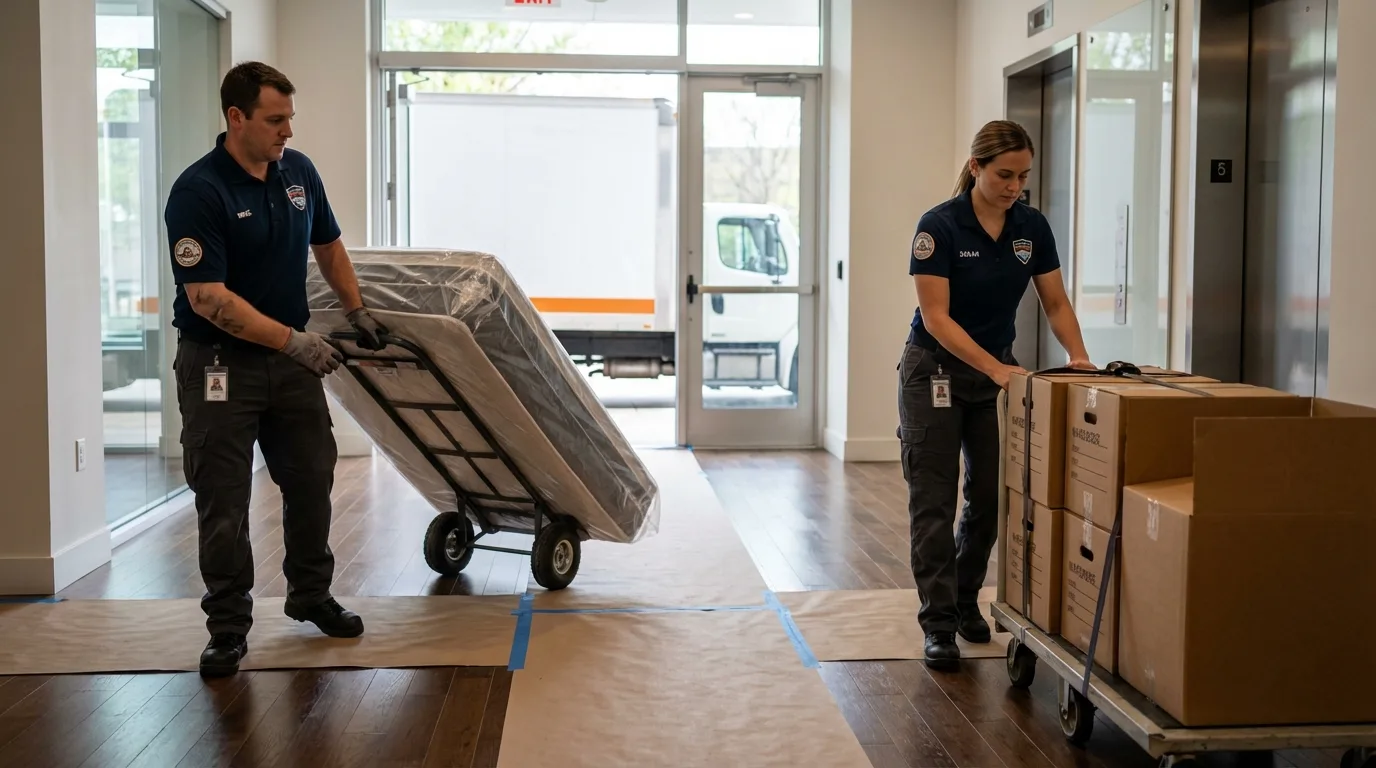 Professional apartment movers loading elevator in Marysville, MI