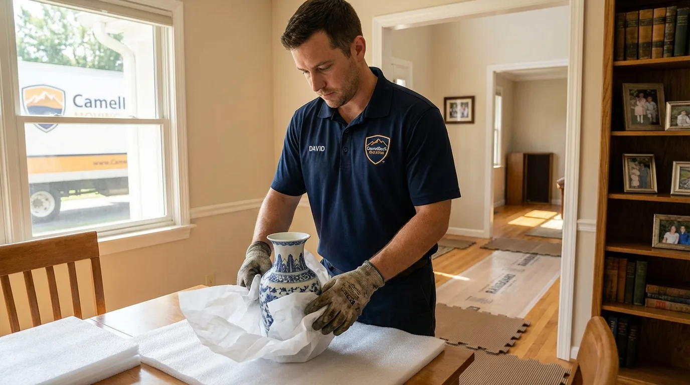 Professional crew carefully wrapping antique vase for senior downsizing move in Marysville, MI